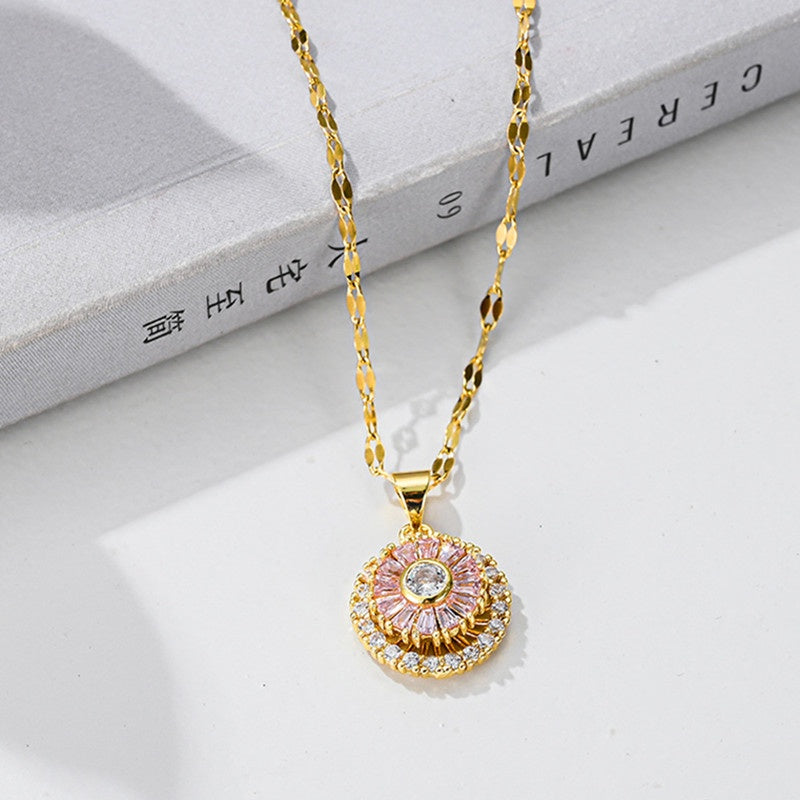 Kalung Emas untuk Wanita dengan Kristal Pink - Kwintas Vintage Pendant Stainless Steel | Aksesoris Perhiasan Elegan - 我的商店