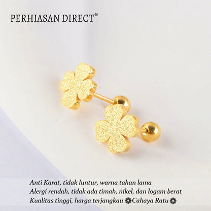 Anting Titanium Anti Karat Pasir Emas 18K Bunga Keberuntungan Cantik Korea Aksesoris Wanita Earrings