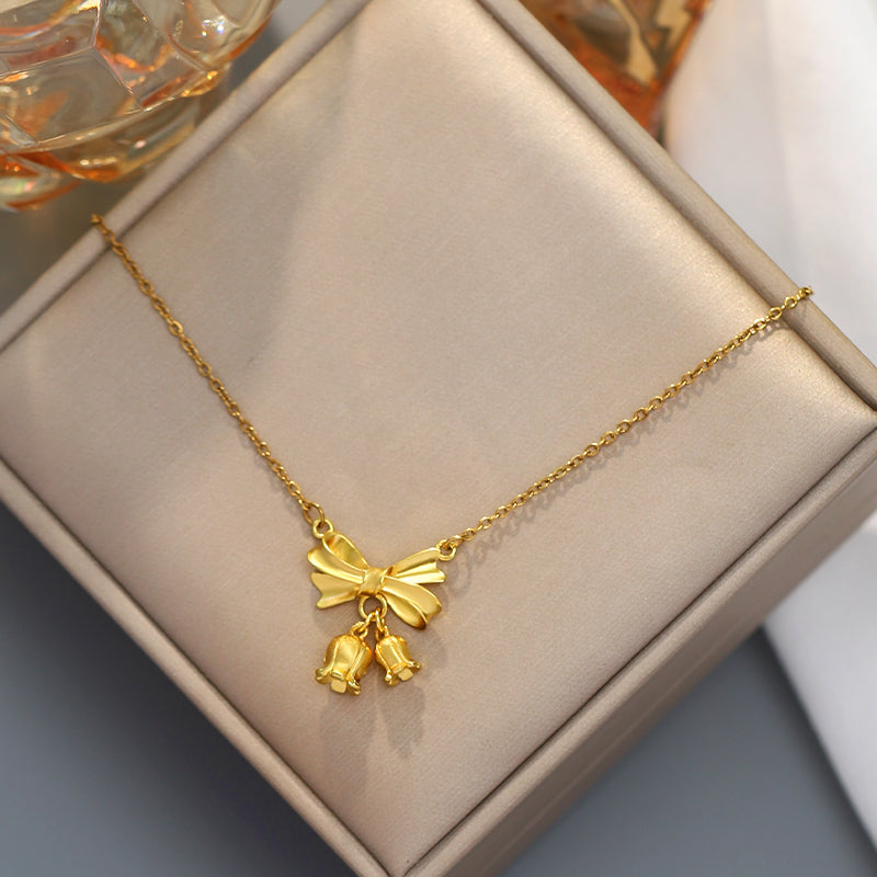 Kalung Bunga Pita Emas 18K - Stainless Steel Anti Kusam, Aksesoris Fashion Wanita - 我的商店