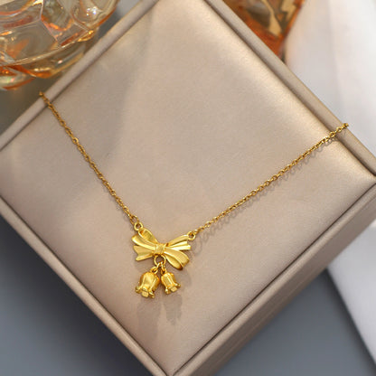Kalung Bunga Pita Emas 18K - Stainless Steel Anti Kusam, Aksesoris Fashion Wanita - 我的商店