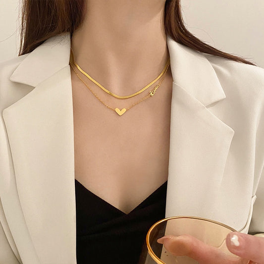 Kalung Stainless Steel Wanita - Double Layer Heart Pendant dengan Rantai Emas | Hadiah Perhiasan Elegan - 我的商店