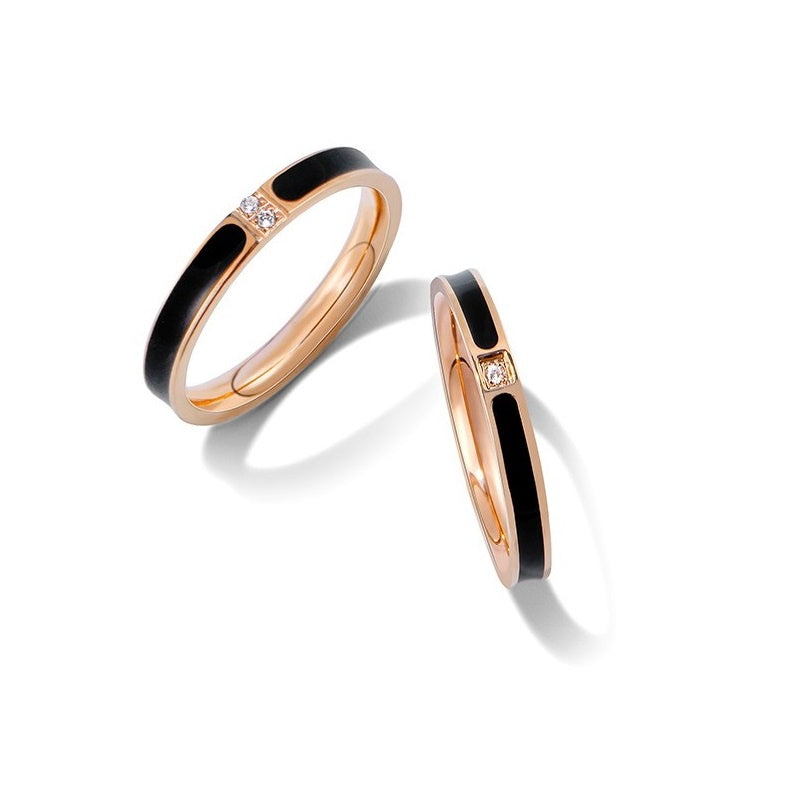 Cincin Pasangan Classic 1 Carat Single Diamond - 18K Rose Gold & Stainless Steel Anti Karat | Perhiasan Titanium Elegan - 我的商店
