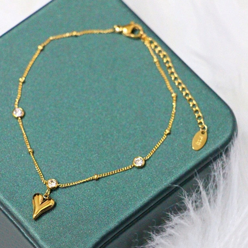 Gelang Kaki Wanita Liontin Hati Berlian - Stainless Steel Lapis Emas, Tidak Kusam, Elegan & Awet! - 我的商店