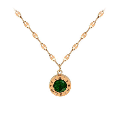 Kalung Wanita Korea - Stainless Steel dengan Liontin Roman & Kristal Hijau | Rantai INS Elegan - 我的商店
