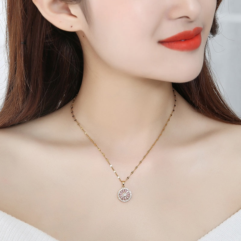 Kalung Emas untuk Wanita dengan Kristal Pink - Kwintas Vintage Pendant Stainless Steel | Aksesoris Perhiasan Elegan - 我的商店
