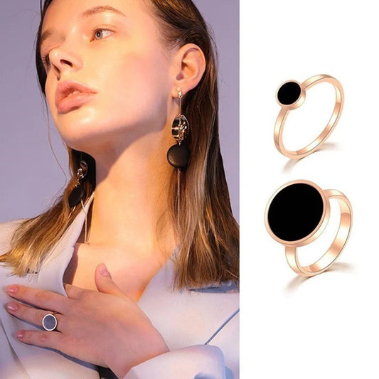 Cincin Pasangan Emas Mawar 18K - Titanium Steel Hitam Bulat, Anti Karat, Elegan & Cocok untuk Setiap Acara! - 我的商店