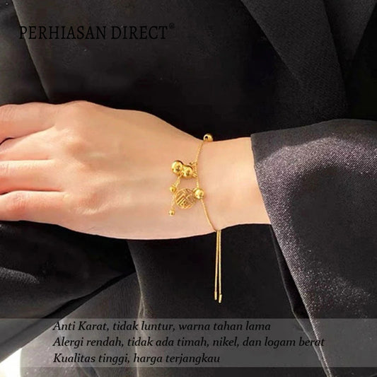 Gelang Serut Titanium Wanita Anti Karat Rumbai Labu 'Fu' Keberuntungan Emas 18K Aksesoris Perhiasan Bracelet