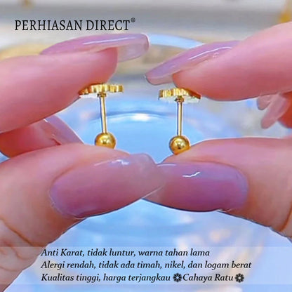 Anting Titanium Anti Karat Pasir Emas 18K Bunga Keberuntungan Cantik Korea Aksesoris Wanita Earrings