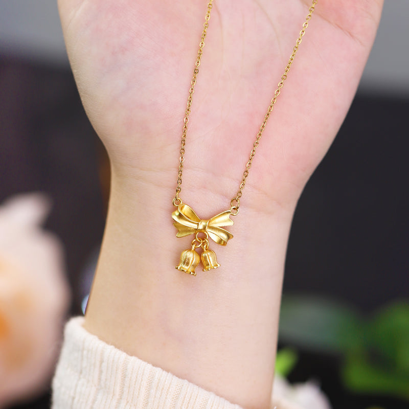 Kalung Bunga Pita Emas 18K - Stainless Steel Anti Kusam, Aksesoris Fashion Wanita - 我的商店