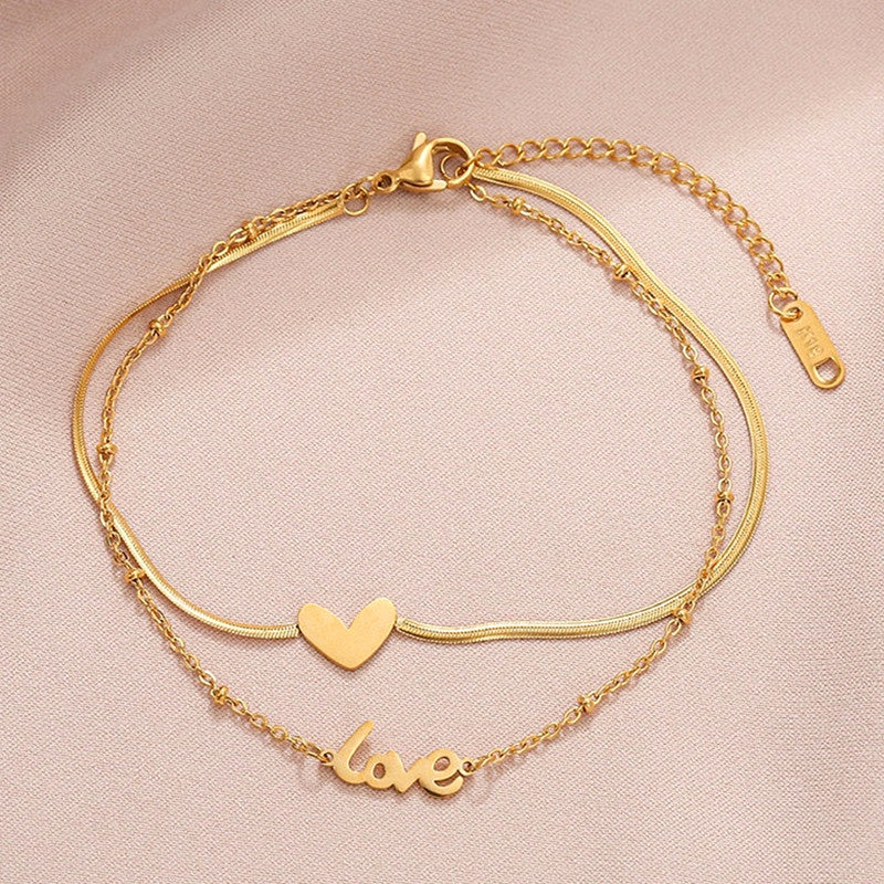 Gelang Kaki Hati untuk Wanita - Rantai Emas Stainless Steel Anti Pudar | Aksesoris Fashion Elegan - 我的商店