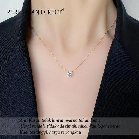 Kalung Titanium Permata Satu Mewah Solitaire Emas 18K Anti Karat Aesthetic Korean Style Aksesoris Perhiasan Necklace