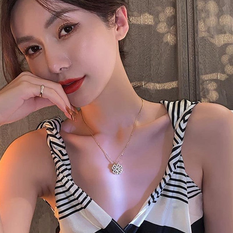 Kalung Korea Clover Hati 18k Wanita - Perhiasan Stainless Steel Berlian, 2 Cara Pakai Elegan, Grosir Harga Terbaik - 我的商店