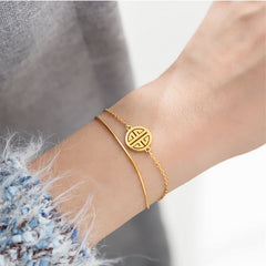 Gelang Wanita 'Fu' Emas – Stainless Steel, Model Vintage & Elegan untuk Hadiah