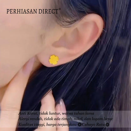 Anting Titanium Anti Karat Pasir Emas 18K Bunga Keberuntungan Cantik Korea Aksesoris Wanita Earrings