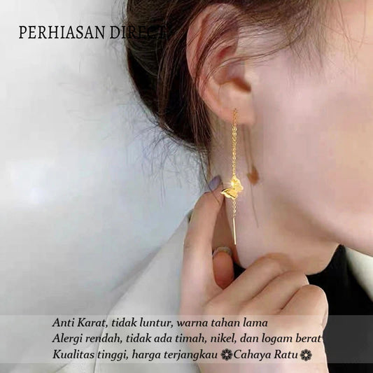 Anting Titanium Kupu Kupu Rumbai Panjang Emas 18K Aesthetic Korea Anti Karat Aksesoris Wanita Earrings