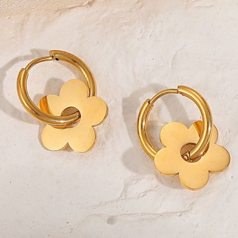 Anting Huggie Bunga Emas  – Stainless Steel Zirconia Kubik, Anting Stud Piercing Tulang Rawan 我的商店