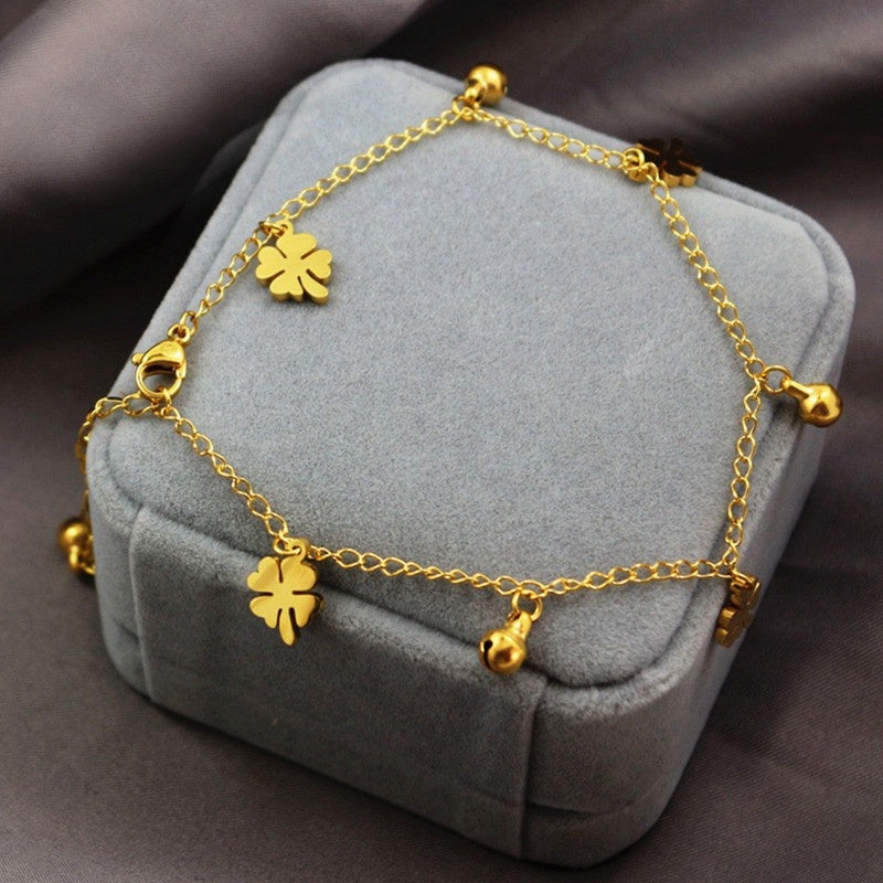 Gelang Kaki Daun Semanggi Wanita - Stainless Steel Emas Anti Kusam, Hadiah Keberuntungan - 我的商店