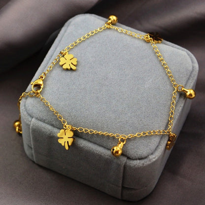 Gelang Kaki Daun Semanggi Wanita - Stainless Steel Emas Anti Kusam, Hadiah Keberuntungan - 我的商店