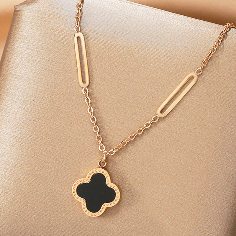 Kalung Daun Semanggi Emas 18K - Stainless Steel Anti Kusam Gaya Korea, Aksesoris Wanita - 我的商店