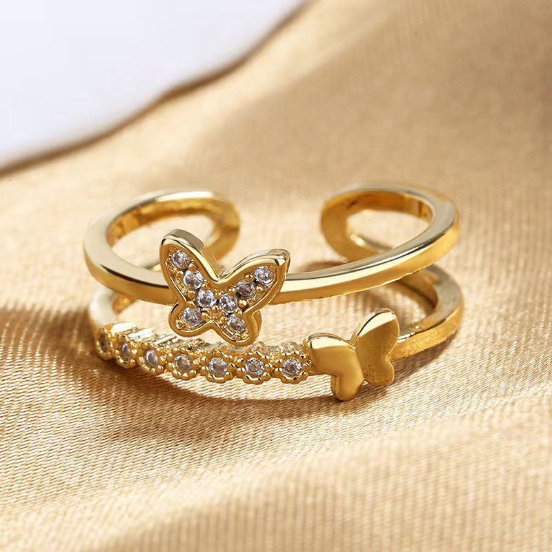 Cincin Kupu-Kupu Wanita – Full Berlian, Lapis Ganda, Model Terbuka Elegan perhiasandirect