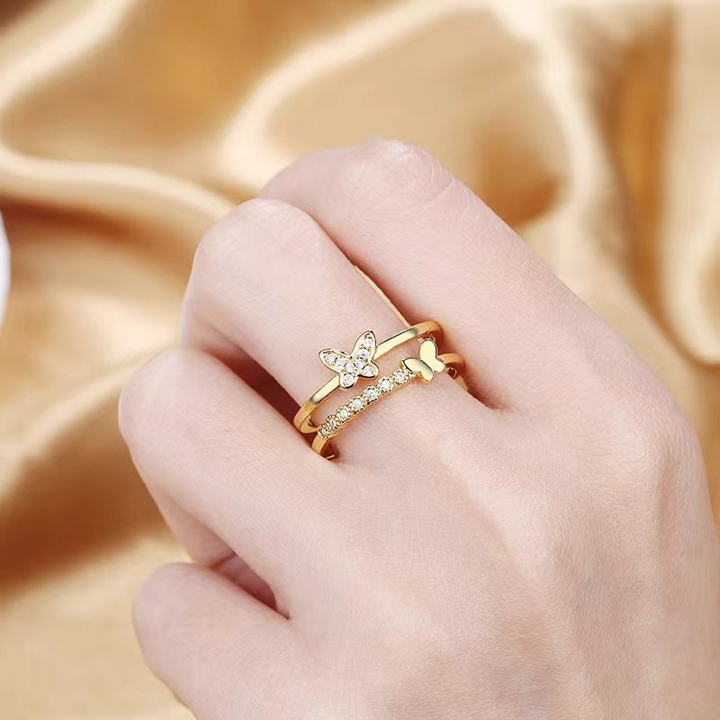 Cincin Kupu-Kupu Wanita – Full Berlian, Lapis Ganda, Model Terbuka Elegan perhiasandirect