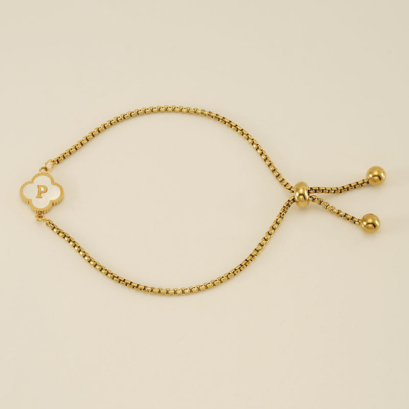 Gelang Fashion Four-Leaf Lucky Clover Huruf Inisial Nama Anda Berlapis Emas Dapat Disesuaikan - perhiasandirect