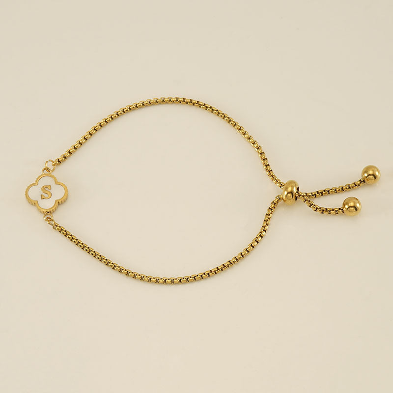 Gelang Fashion Four-Leaf Lucky Clover Huruf Inisial Nama Anda Berlapis Emas Dapat Disesuaikan - perhiasandirect
