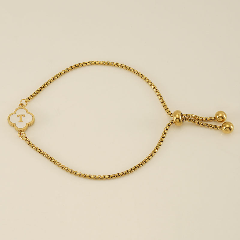 Gelang Fashion Four-Leaf Lucky Clover Huruf Inisial Nama Anda Berlapis Emas Dapat Disesuaikan - perhiasandirect