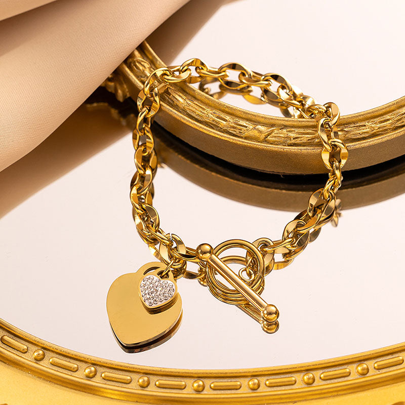 Gelang Hati Lapis Emas 18k Wanita - Perhiasan Stainless Steel Elegan, Aksesoris Harian Trendy, Hadiah Ulang Tahun, Grosir Harga Terbaik1