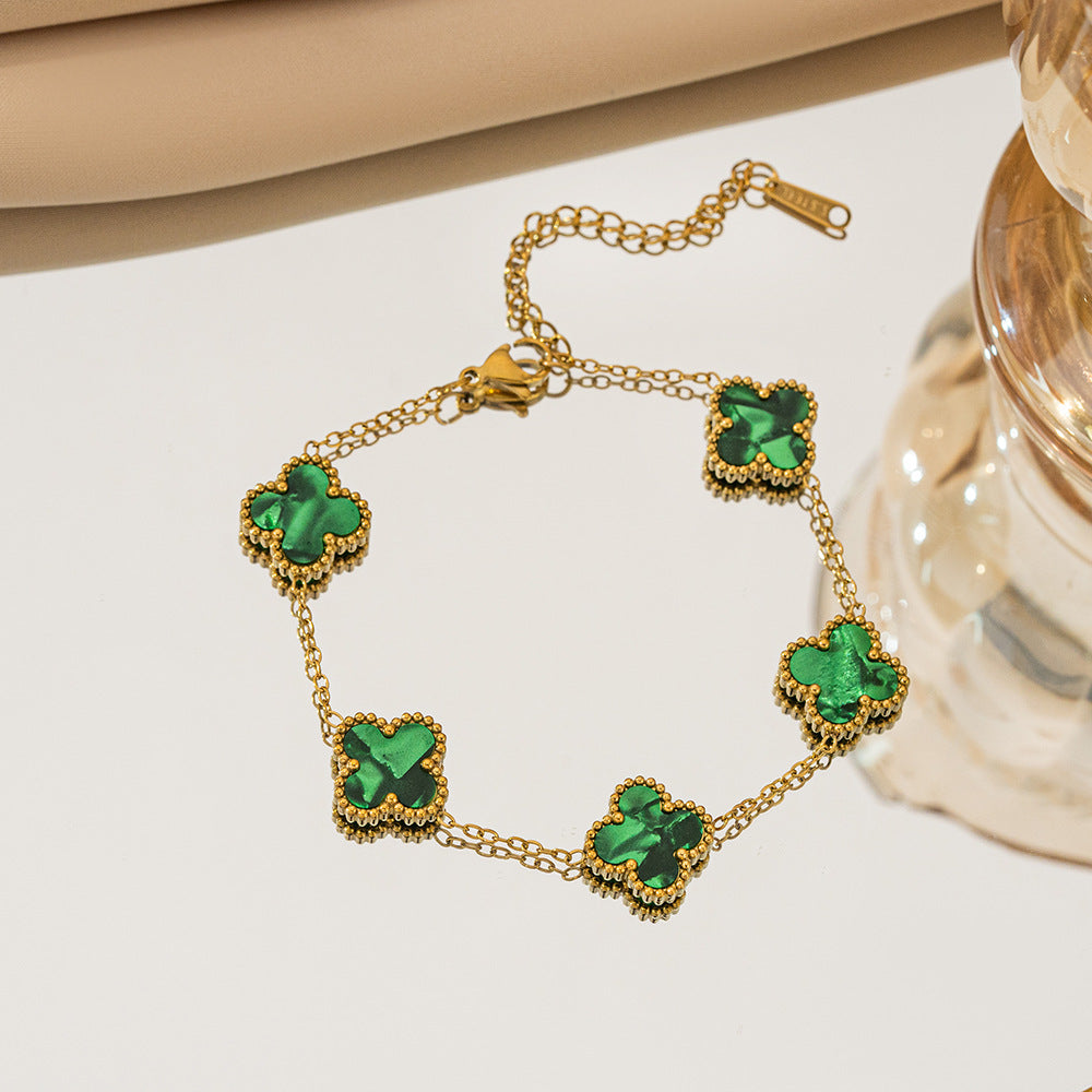 Gelang Titanium Bunga Four-leaf Clover Bolak Balik 13MM Bergradiasi Anti karat Dan Anti Luntur Cantik dan Elegan Fashion - perhiasandirect
