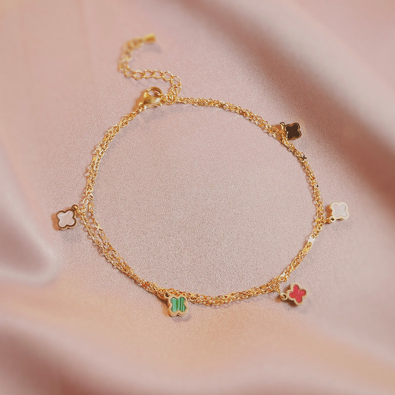 Gelang Titanium Warna-warni Motif Four-leaf Clover • Gaya Korea Kekinian • Anti Karat & Elegan perhiasandirect