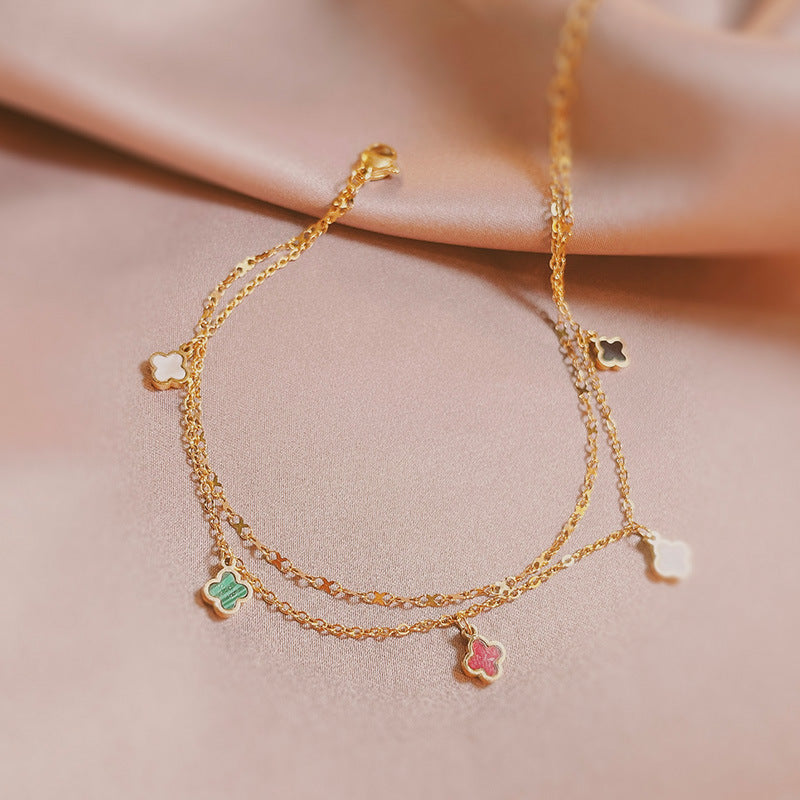 Gelang Titanium Warna-warni Motif Four-leaf Clover • Gaya Korea Kekinian • Anti Karat & Elegan perhiasandirect