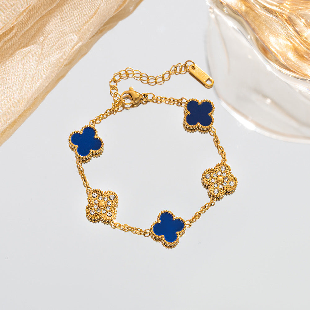 Gelang tangan titanium rantai motif bunga four-leaf clover permata bolak balik Uk 13mm - perhiasandirect