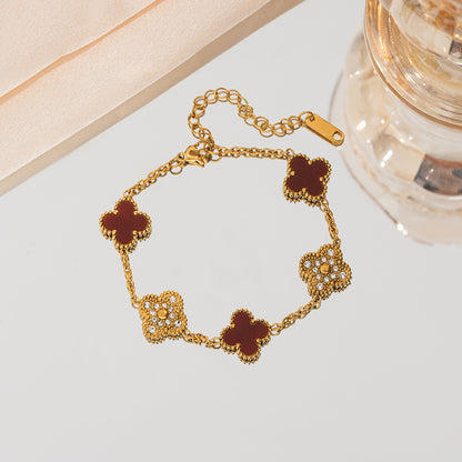 Gelang tangan titanium rantai motif bunga four-leaf clover permata bolak balik Uk 13mm - perhiasandirect