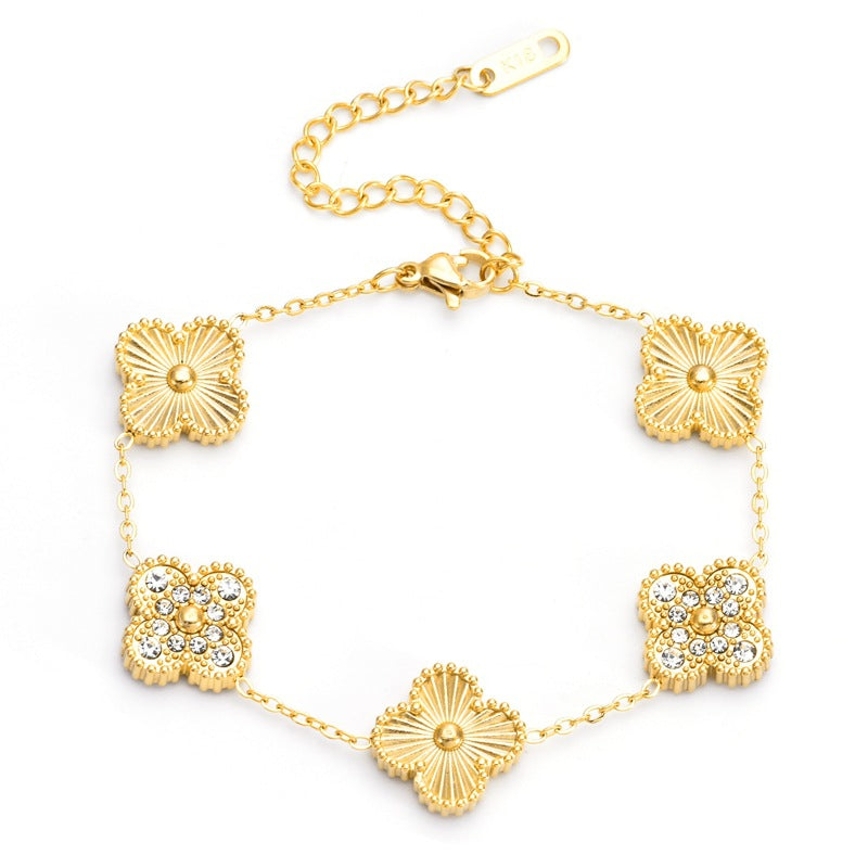 Gelang tangan titanium rantai motif bunga four-leaf clover permata bolak balik Uk 13mm - perhiasandirect