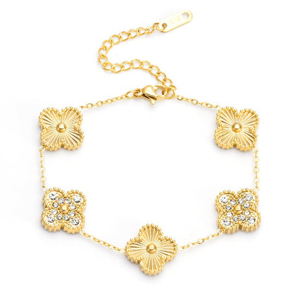 Gelang tangan titanium rantai motif bunga four-leaf clover permata bolak balik Uk 13mm - perhiasandirect
