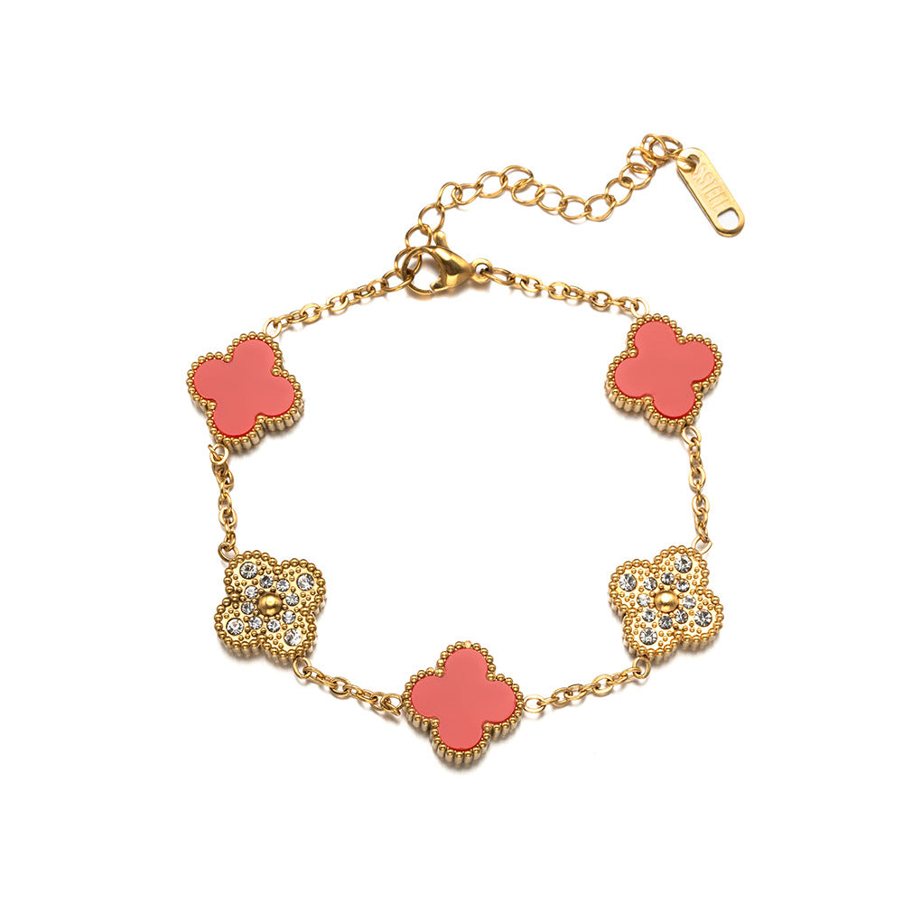 Gelang tangan titanium rantai motif bunga four-leaf clover permata bolak balik Uk 13mm - perhiasandirect