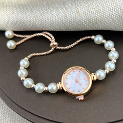 Jam Tangan Kuarsa Wanita – Model Gelang Mutiara, Desain Ceruk Mewah, Dial Kecil & Tali Tarik