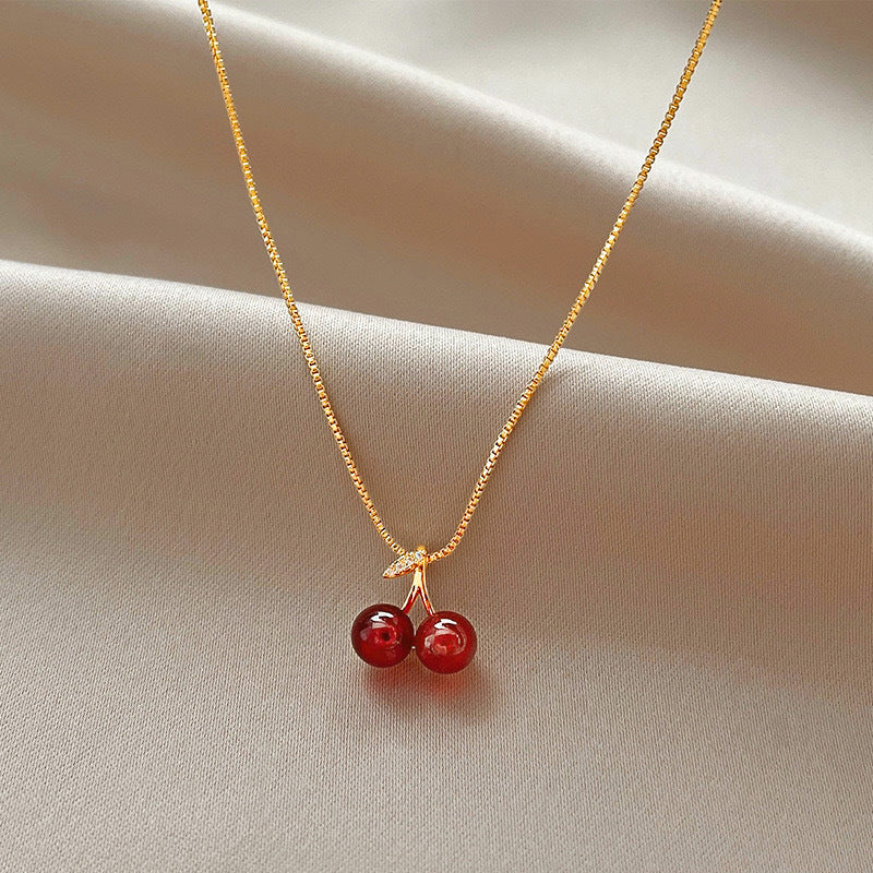 Kalung Ceri Merah Wanita – Baja Titanium, Gaya Korea, Rantai Klavikula Ceruk perhiasandirect