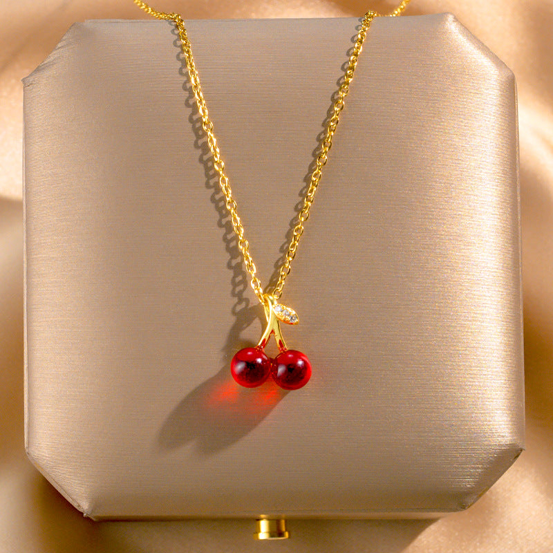 Kalung Ceri Merah Wanita – Baja Titanium, Gaya Korea, Rantai Klavikula Ceruk perhiasandirect