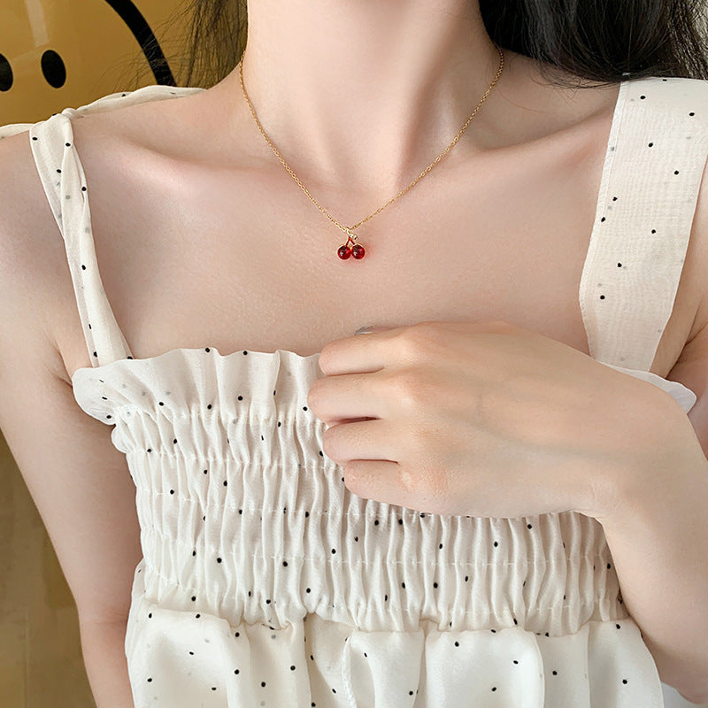 Kalung Ceri Merah Wanita – Baja Titanium, Gaya Korea, Rantai Klavikula Ceruk perhiasandirect