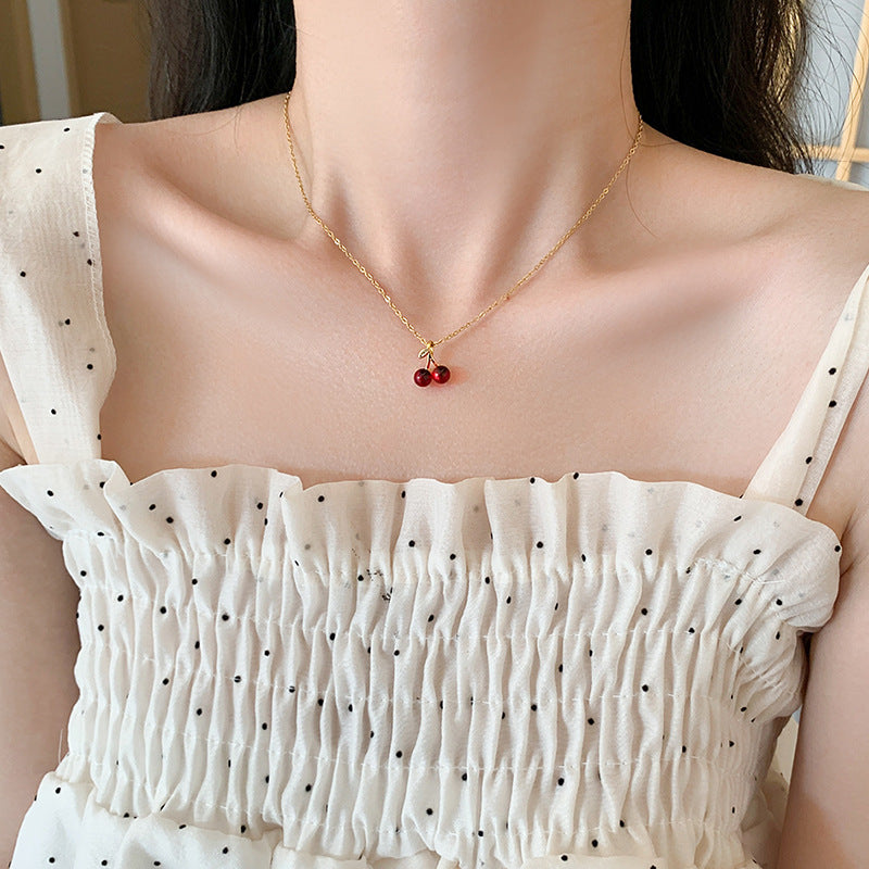 Kalung Ceri Merah Wanita – Baja Titanium, Gaya Korea, Rantai Klavikula Ceruk perhiasandirect