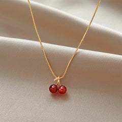 Kalung Ceri Merah Wanita – Baja Titanium, Gaya Korea, Rantai Klavikula Ceruk