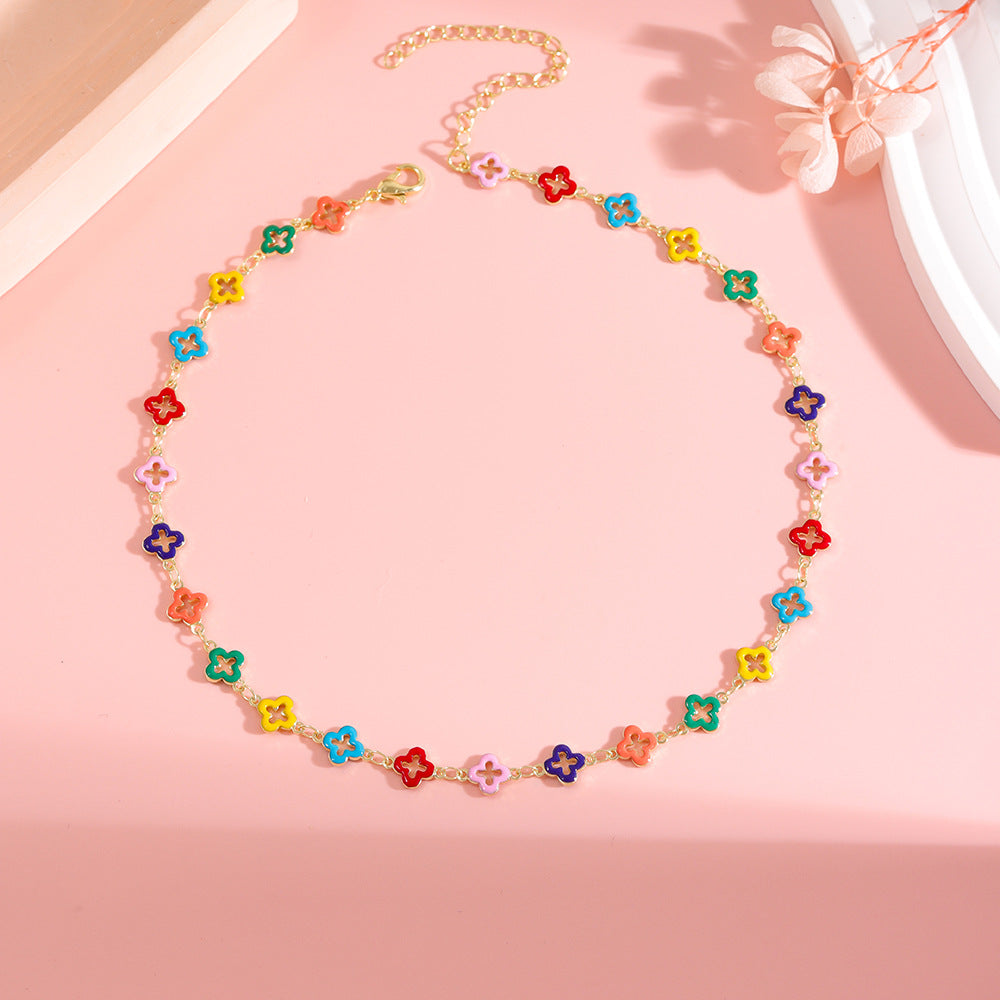 Kalung Four-leaf Clover Warna Dopamin Musim Panas, Stainless Steel Elegan & Murah perhiasandirect