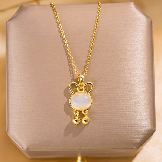 Kalung Kelinci Berlian Putih Wanita - Perhiasan Stainless Steel Elegan, Pendant Klasik dengan Rantai Emas, Grosir Harga Terbaik 1