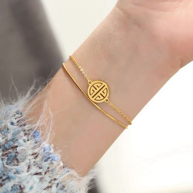 Lucky “Fu” Stainless Bracelet for Women Vintage  Gold Chain Bangle Bracelets Fashion Jewelry Gift 4