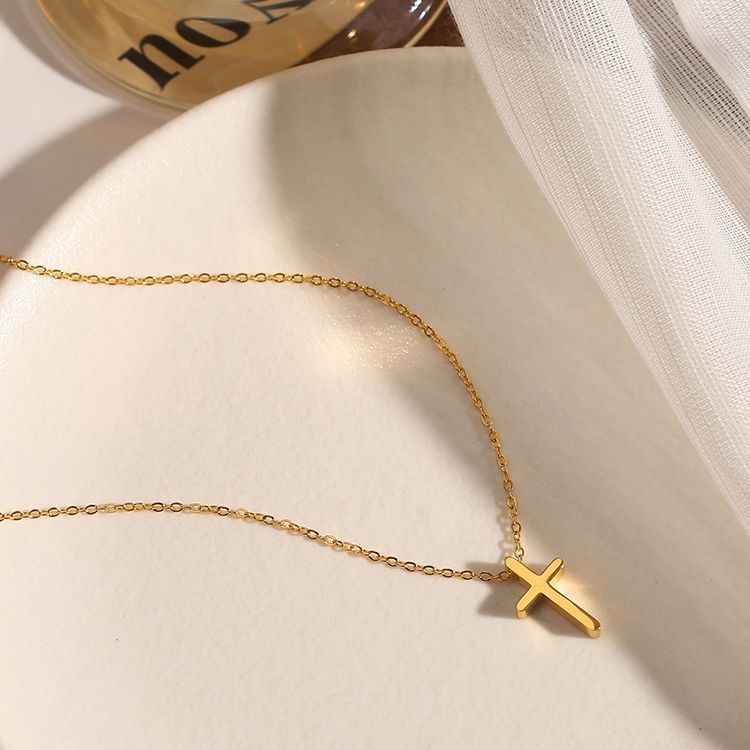Kalung Wanita Salib Minimalis Lapis Emas 18K - Stainless Steel, Tidak Kusam, Elegan & Trendi! - 我的商店