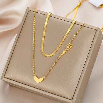 Kalung Stainless Steel Wanita - Double Layer Heart Pendant dengan Rantai Emas | Hadiah Perhiasan Elegan - 我的商店
