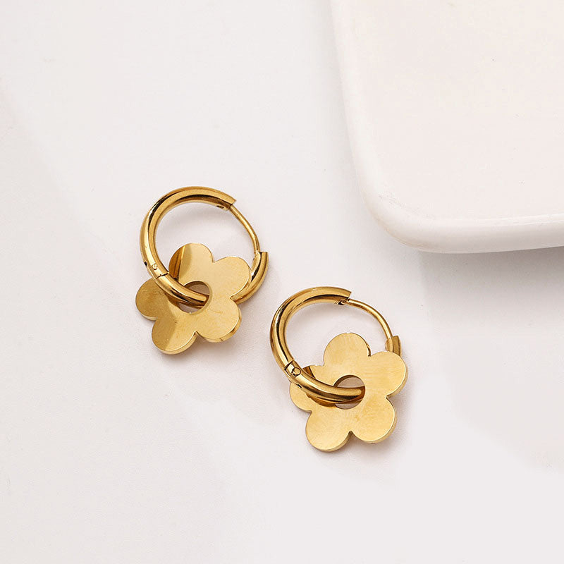 Anting Huggie Bunga Emas  – Stainless Steel Zirconia Kubik, Anting Stud Piercing Tulang Rawan 我的商店
