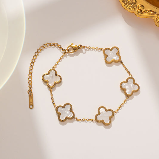 Gelang Daun Semanggi Wanita - Rantai Emas Stainless Anti Kusam, Aksesoris Perhiasan Elegan - 我的商店